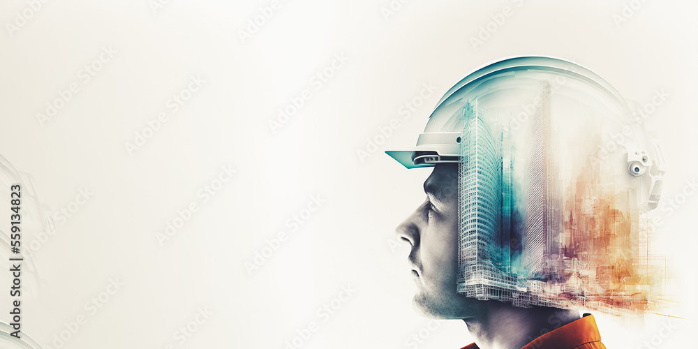 Poster future building construction engineering project devotion with double exposure graphic design. build