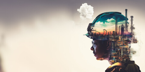 Future factory plant and energy industry devotion concept. Oil gas and petrochemical refinery factory with double exposure arts showing next generation of power and energy business. Generative AI