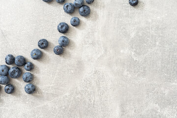 Raw Organic Blueberries on a gray background, side view. Copy space.
