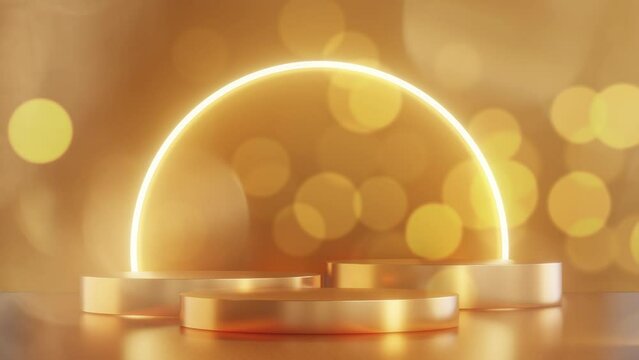 gold podium background with neon arch.blinking light neon, gold bokeh, stage for product, 4k Resolution. abstract luxury background.
