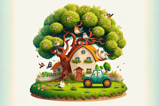Cartoonish image of a farm with a tractor. A nest of birds is perched on a tree. A summertime image with a farming theme. Generative AI