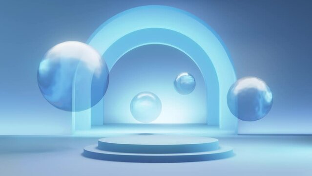 blue podium with liquid water bubble ball animation, arch tunnel background, geometric animation, light blue background, stage for product cosmetic, 4k resolution.