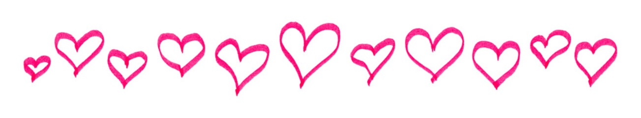 Beautiful ink contour linear pink hearts isolated on white background. Cute monochrome seamless pattern. Simple flat graphic hand drawn illustration. Texture.