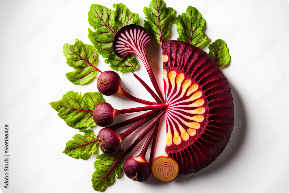 Poster inventive beetroot arrangement on a white background. lay flat. notion of food. macro level idea. ge