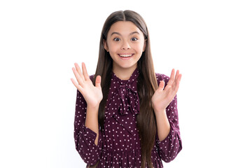 Portrait of happy smiling teenage child girl. Amazed child with open mouth on white background, surprise.