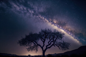 long exposure shot with grain of a tree silhouette and the milky way. Generative AI