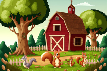 Obraz na płótnie Canvas scene of a farm with many of squirrels beside a barn. Generative AI