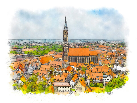 Panoramic view of the town of Landshut with the church of St. Martin, Germany, watercolor sketch illustration.
