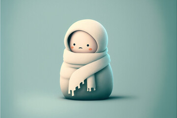 Cute sad snowman character wrapped in a scarf, 3D