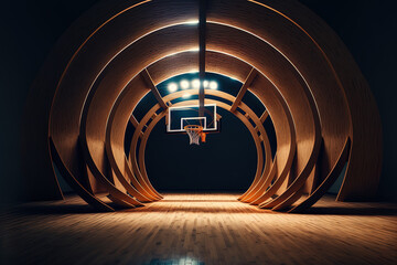 sport arena for basketball. inside shot of the basketball court's wooden floor. Side view of two hoops for basketball. An image of a sporting backdrop. Generative AI - obrazy, fototapety, plakaty