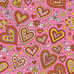 Naklejka premium Hearts decorated with flowers seamless vector pattern
