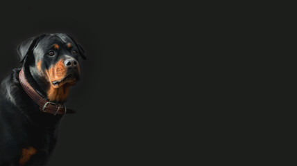 head of a Rottweiler breed dog on a dark background - portrait, looking with alertness into the distance, selective focus