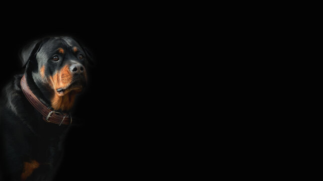 head of a Rottweiler breed dog on a dark background - portrait, looking with alertness into the distance, selective focus