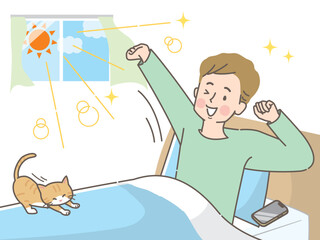 朝スッキリ目覚めて猫と一緒に伸びをする若い男性