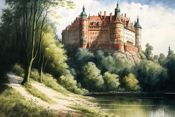 Nove Mesto nad Metuji painting of the castle across the river. Generative AI