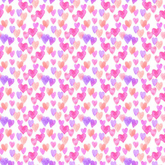 Hand painted watercolor seamless pattern with random little purple pink violet hearts on white background.Web design element and printing greeting cards, wrapping paper and textile