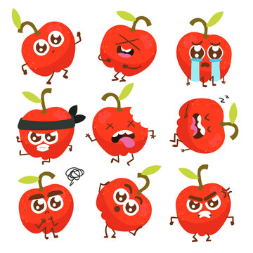 Cute Cartoon Emotional Apple character stickers on white background