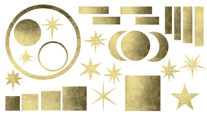 Set of golden shapes of the moon, stars, rectangles, squares and circles for design elements for wedding, Christmas, New Year, birthday, cards, stickers, banners. Elements isolated on white background