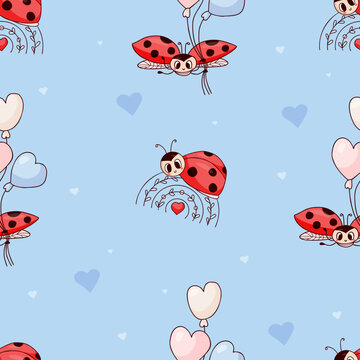 Seamless pattern with cute ladybug on rainbow and with balloons on light blue background. Vector illustration. Endless background for kids collection, decor, design, packaging, wallpaper.
