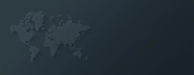 Poster Illustration of a world map made of dots on a black background. Horizontal banner © daboost