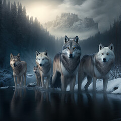pack of wolves, lake, forest. Generative AI picture.
