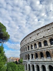 Fototapeta premium Coloseum with few trees on the side in cloudy weather and a bit city view