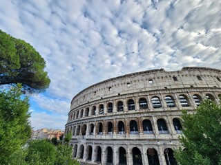 Fototapeta premium Coloseum with few trees on the side in cloudy weather landscape