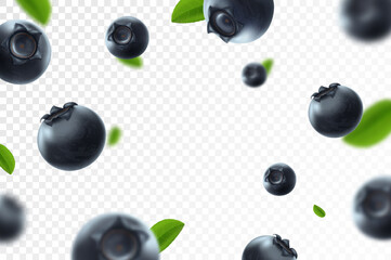 Blueberry background. Fresh berry with green leaves on transparent background. Flying focused and blurry berries. 3D realistic fruits. Falling blueberry. Nature product. Vector illustration.