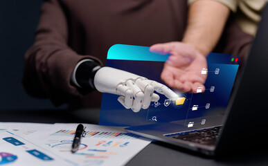 Business and artificial intelligence technology for humans to teach and learn intelligent robots replace humans help analyze the markets finances of the future world through digital Internet network.