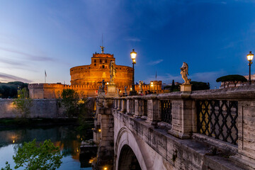 Castel Sant'Angelo in Tevere  Rome , during sunset and blue hours.