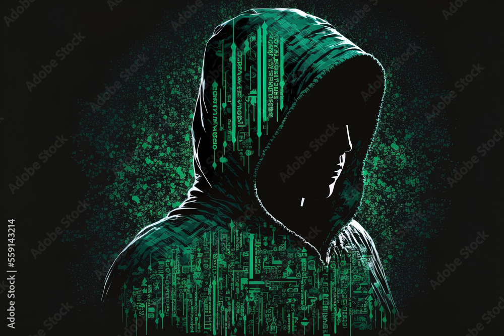 Poster security and technology crime concept with an illegible hacker portrait. generative ai
