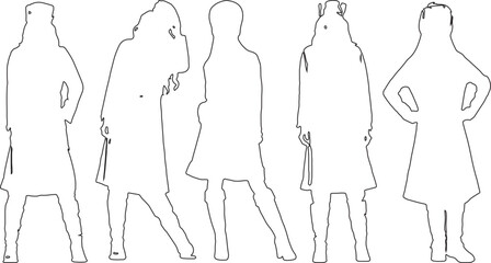 Set of women standing and wearing dress, in various poses, cartoon character, people, business, group, vector silhouette, flat design icon, different colors, isolated on white background 