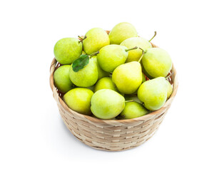 Juicy yellow pears in basket isolated on white