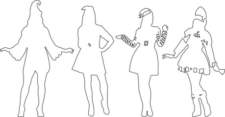 Set of women standing and wearing dress, in various poses, cartoon character, people, business, group, vector silhouette, flat design icon, different colors, isolated on white background 