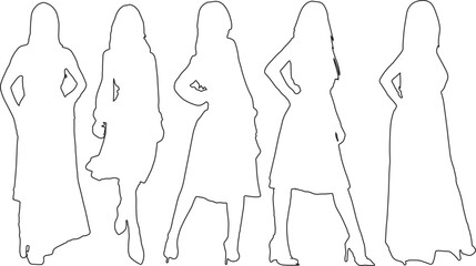 Set of women standing and wearing dress, in various poses, cartoon character, people, business, group, vector silhouette, flat design icon, different colors, isolated on white background 