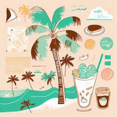 Holidays theme with pastel tones. Lifestyle Illustration with refreshing drink, ocean and palm generated by AI	