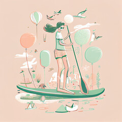 Stand up paddle surfing theme with pastel tones. Lifestyle Illustration with sup board, girl and air balloons generated by AI