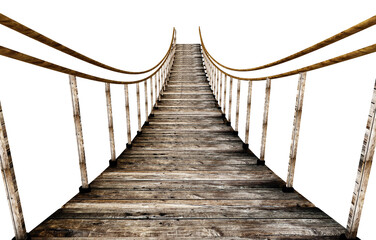 Old wooden suspended bridge on transparent background.