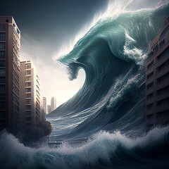 Biggest tsunami in megapolis. Tsunami crashes on the city, generated by AI - obrazy, fototapety, plakaty