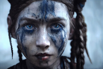 Young fictional woman with braids and mud on her face during mud race (Generative AI)