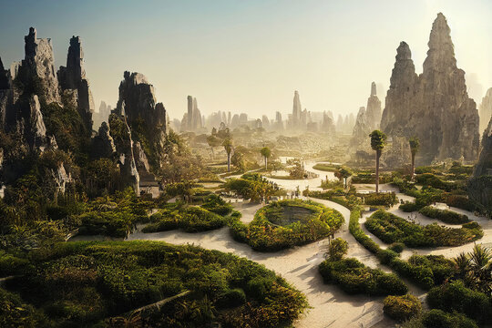 Fictional Park In Ancient Hanging Garden Of Babylon As Digital Illustration (Generative AI)