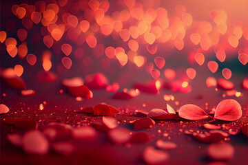 Romantic Valentine's Day abstract background with bokeh-style lights and realistic red rose petals on the magenta pantone floor, generative ai