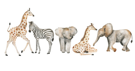 watercolor safari animals - obrazy, fototapety, plakaty