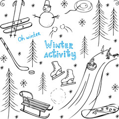 Line art set of vector elements. Winter activity collection, snow  drawn,  sledding, snowboarding. Outline for packaging, banners and cards