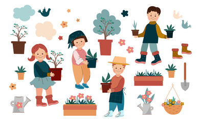 Arbor day. Children standing under a blooming tree preparing to plant saplings .Vector doodle cartoon illustration.