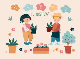 Card Happy Tu Bishvat. New Year for Trees. Jewish holiday.Children standing under a blooming tree preparing to plant saplings for Tu Bishvat. Vector doodle cartoon illustration.