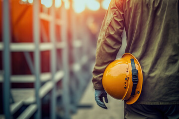 An construction worker is holding white safety helmet or hardhat with factory place as background. Safe working practice in the industrial scene. Generative Ai image.