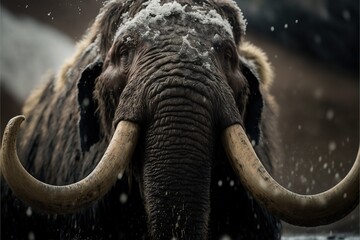 Mammoth in snow and mud. AI generated