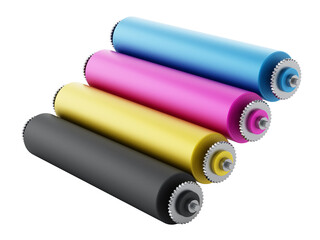 CMYK Printing press with test print on transparent background.