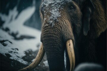 Mammoth in snow, closeup. AI generated